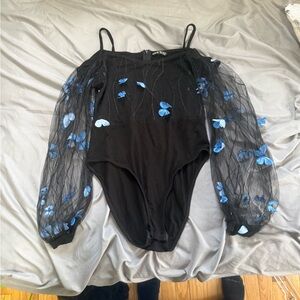 Black Blue Butterfly Sheer Long Sleeve Bodysuit